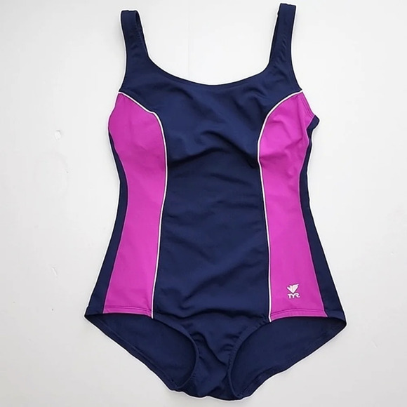 TYR Women's Blue Pink Tank Solid Paneled Piping One Piece  Swimsuit Size Medium - Picture 1 of 14